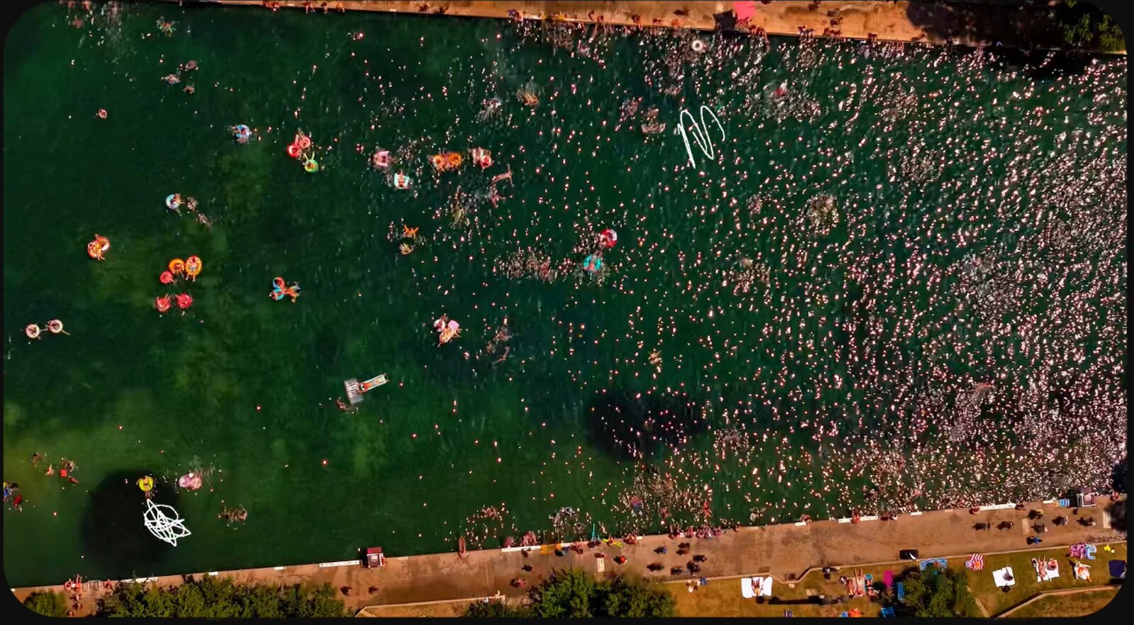 Aerial view of Barton Springs Pool in Zilker Park, Austin